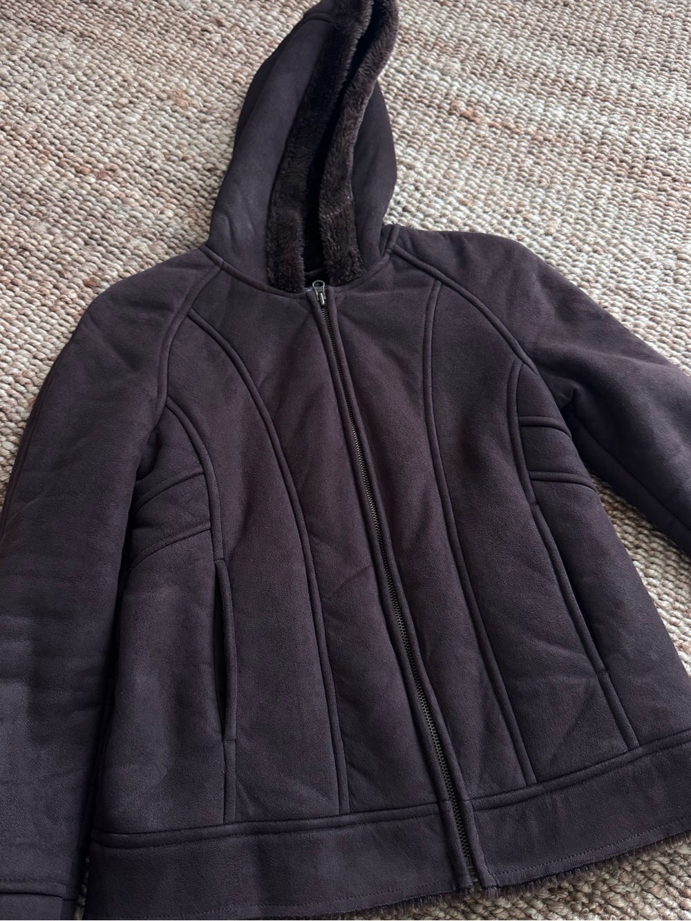 Hooded Faux-Suede Zip Jacket in Dark Brown